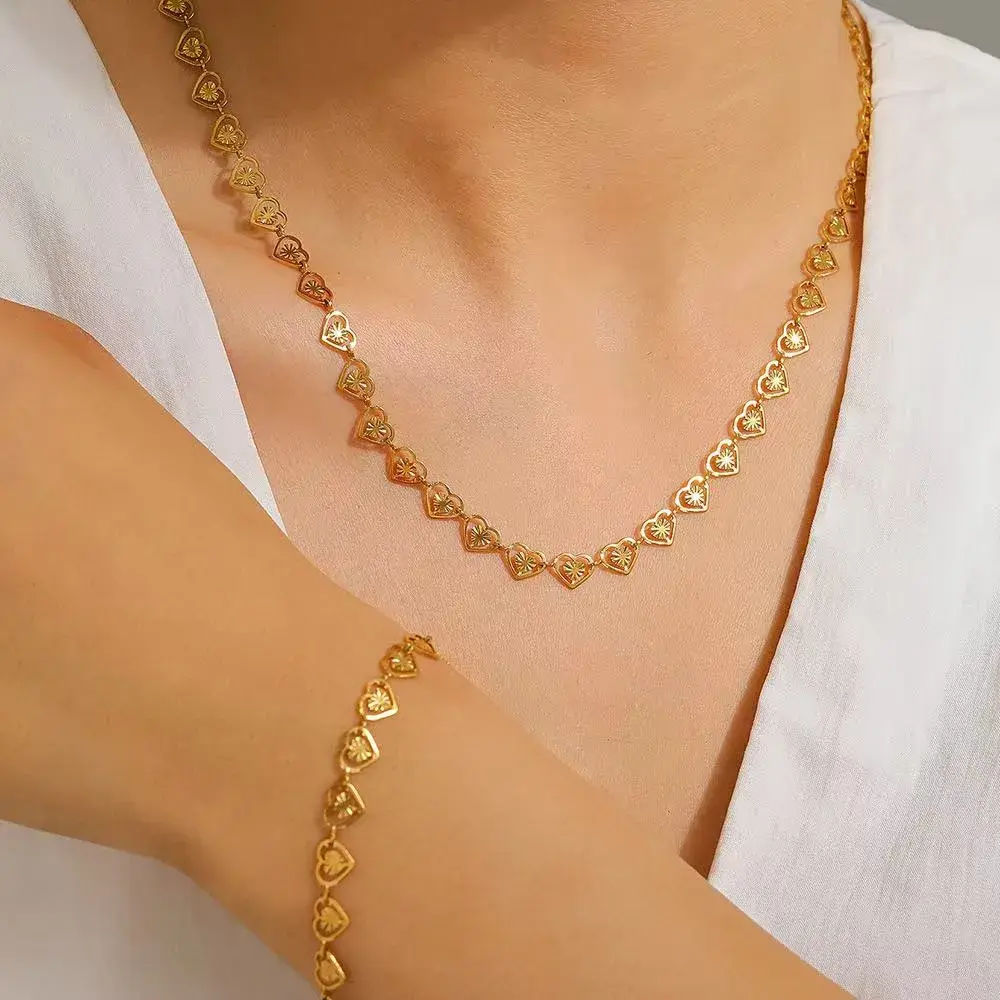 ❤️ Heart Link Necklace & Bracelet Set | 18K Gold Plated 💛 | Elegant Women’s Jewelry