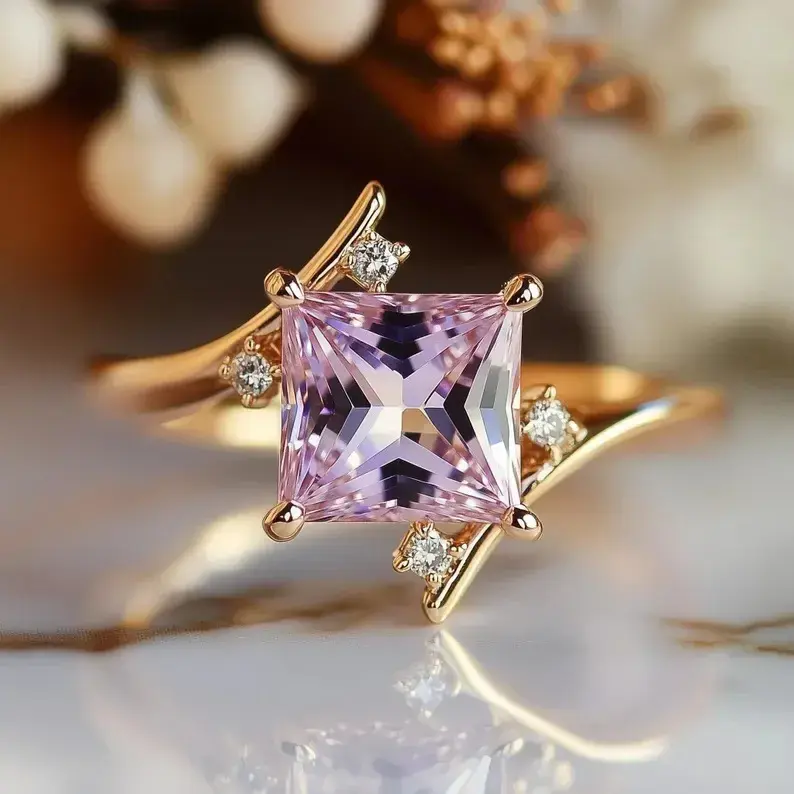 ✨ Princess Cut Pink Crystal Ring 💖 | Elegant Gold Plated Ring with CZ Diamonds 💎