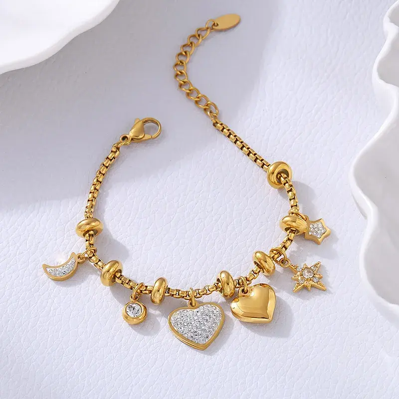 Gold | Silver | Charm Bracelet 🌙⭐❤️ | Heart, Moon & Star Crystal Dangle Bangle