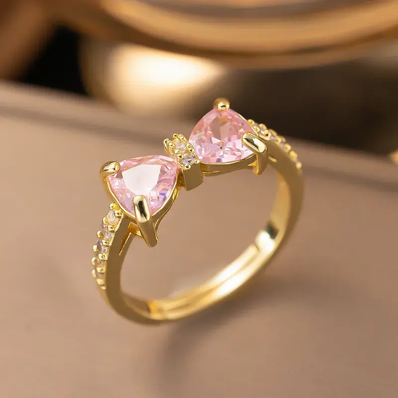 Gold Plated Pink Crystal Bow Ring 🎀 | Adjustable Elegant Statement Ring