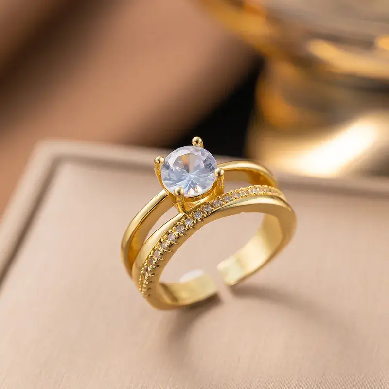 Gold Plated Solitaire Ring with Crystal Stone 💎 | Elegant Adjustable Engagement Style