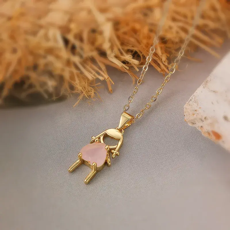 Gold Plated Cute Boy & Girl Pendant Necklace 💖 | Pink & Blue Crystal Charm