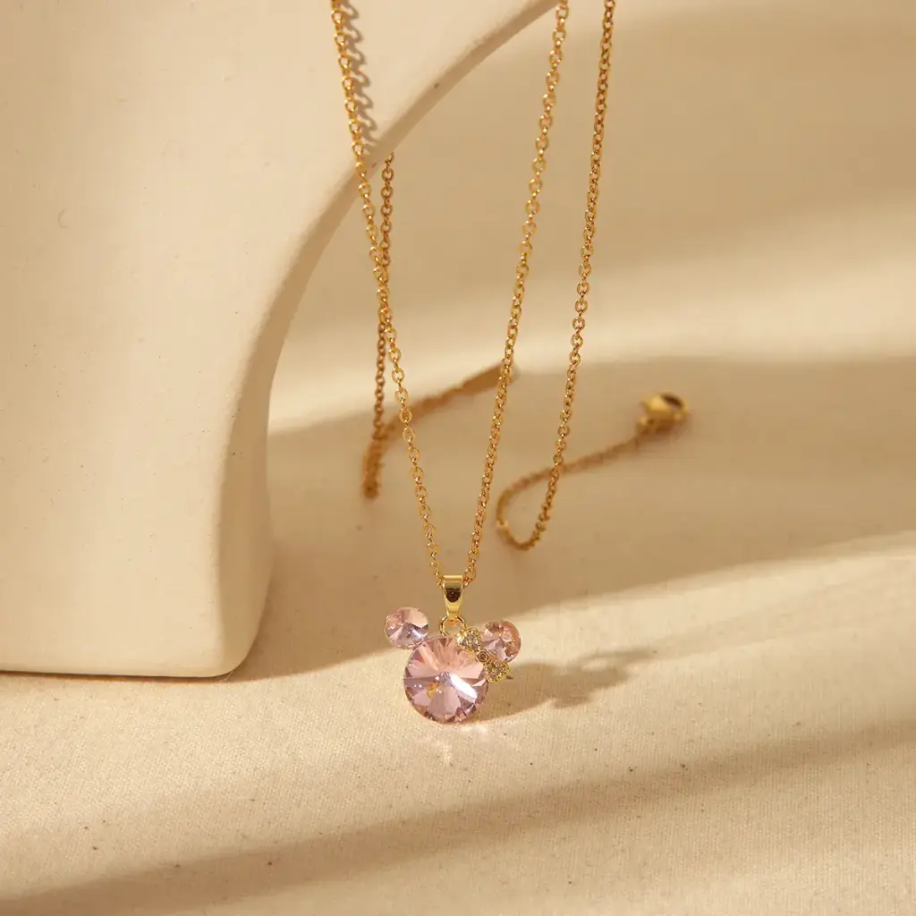 Gold Plated Mickey-Inspired Crystal Pendant Necklace ✨ | Pink & White Variants