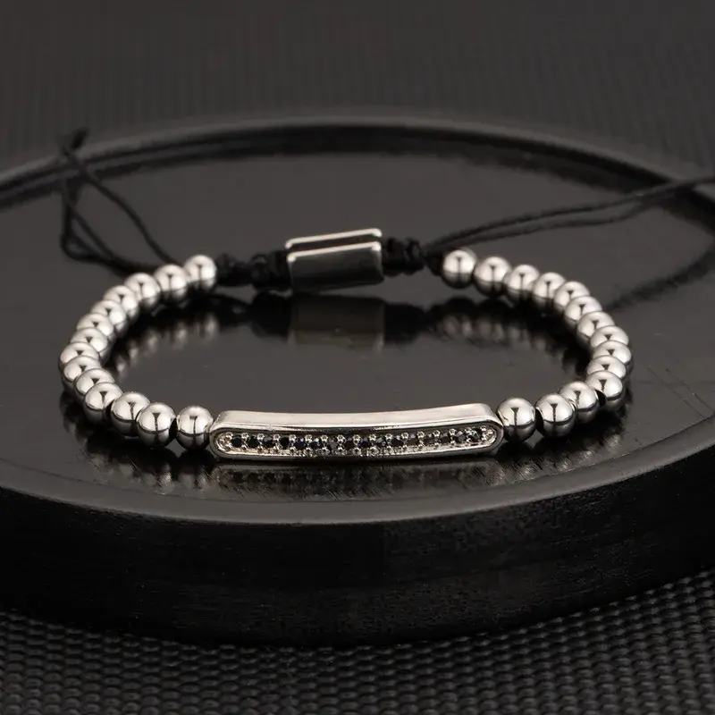Men's Beaded Bar Bracelet with Black Zirconia