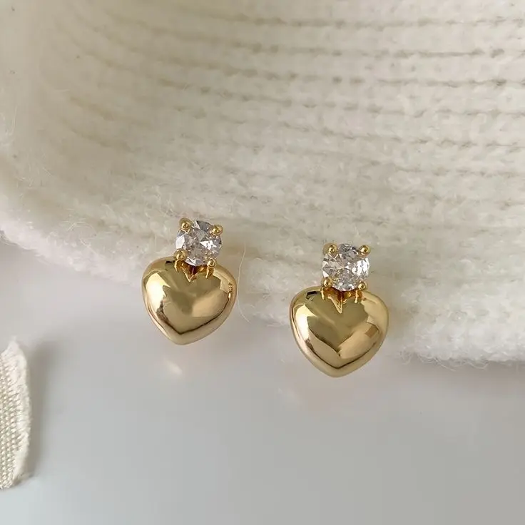 Golden Heart Stud Earrings with Crystal Accent 💖✨