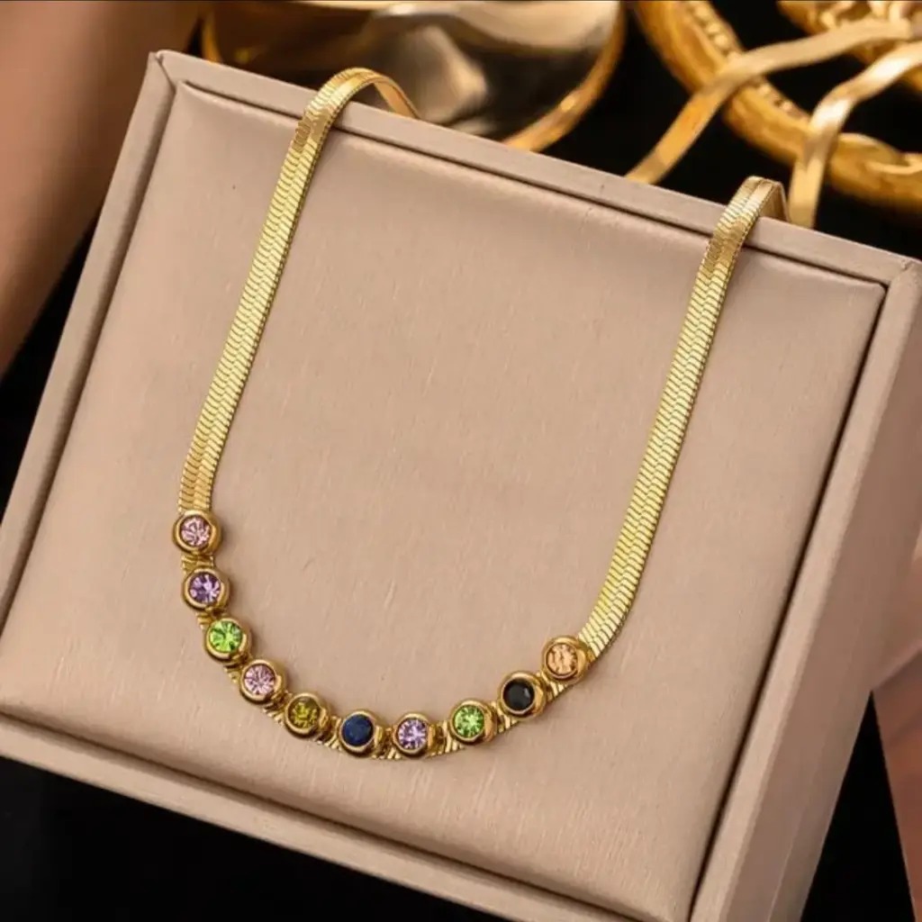 🌈✨ Multi-Color Gemstone Choker Necklace – 18K Gold Plated ✨🌈