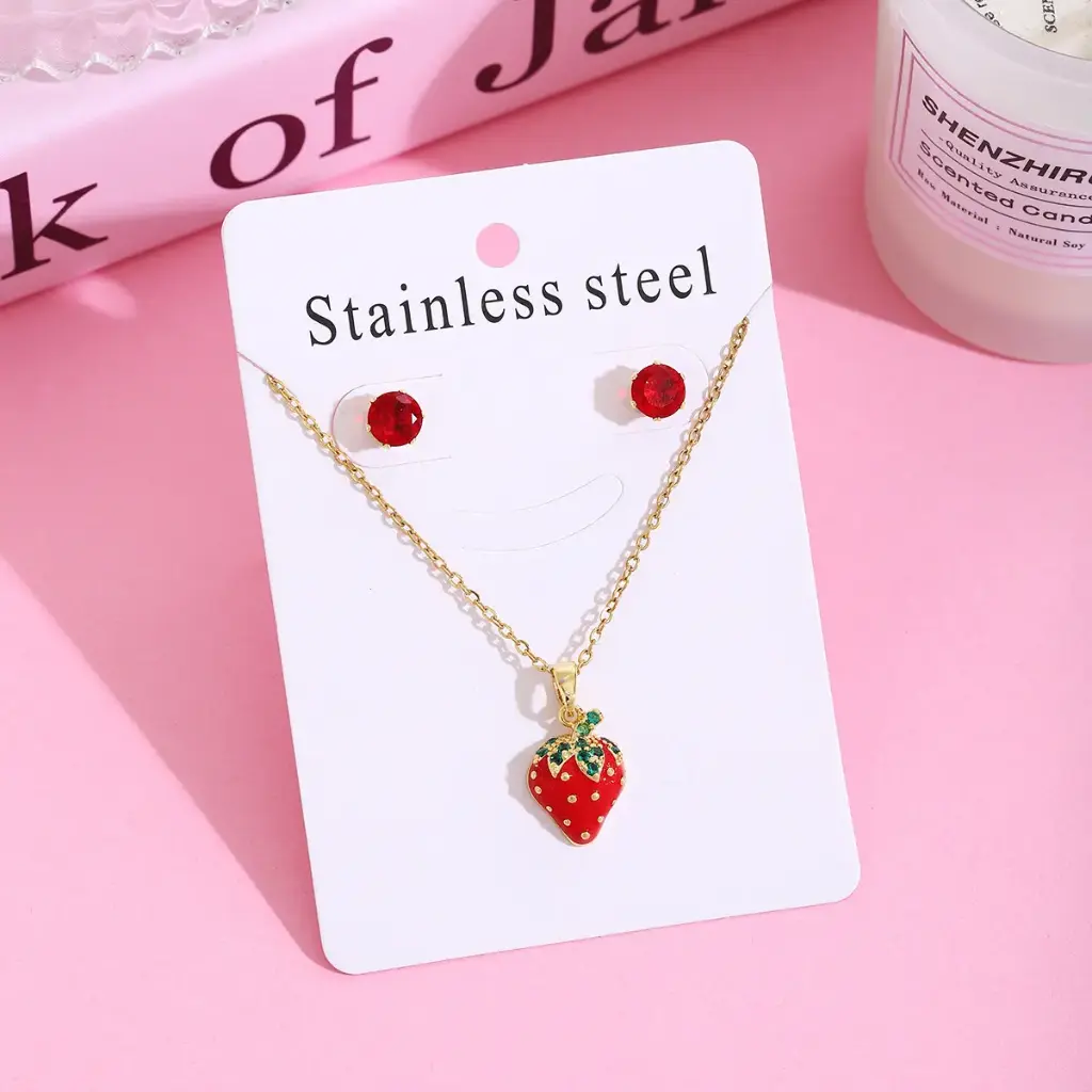 🍓 Strawberry Pendant Necklace & Earring Set 💖 | Stainless Steel | Cute & Stylish Jewelry ✨