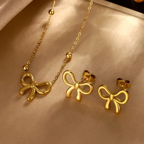 🎀 Elegant Gold Bow Jewelry Set | Necklace & Earrings ✨ | Stylish Gift for Her