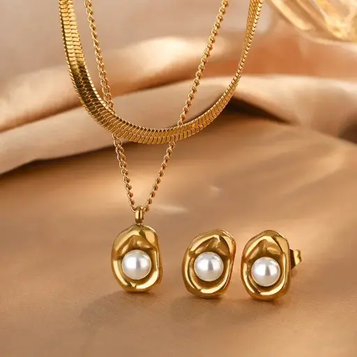 ✨ Elegant Gold Pearl Jewelry Set | Necklace & Earrings 💎 | Timeless Gift for Her 🎁