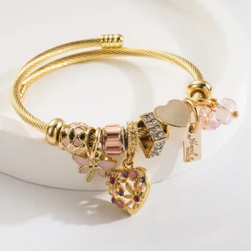 ✨ Charm Bracelet | 18K Gold Plated 💎 | Heart & Butterfly Designer Bangle