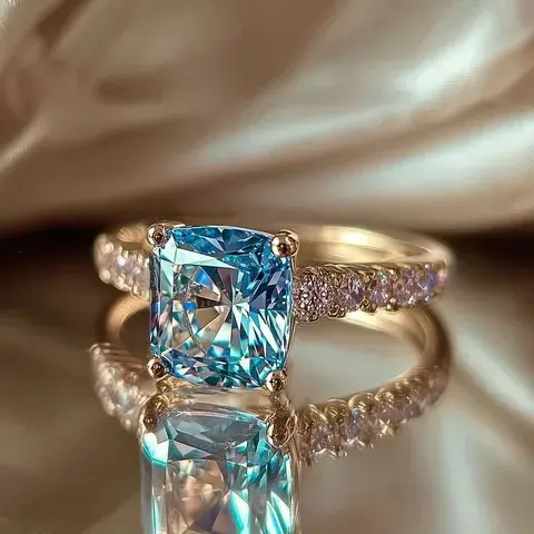 ✨ Cushion Cut Blue Crystal Ring 💙 | Gold Plated Ring with CZ Side Stones ✨