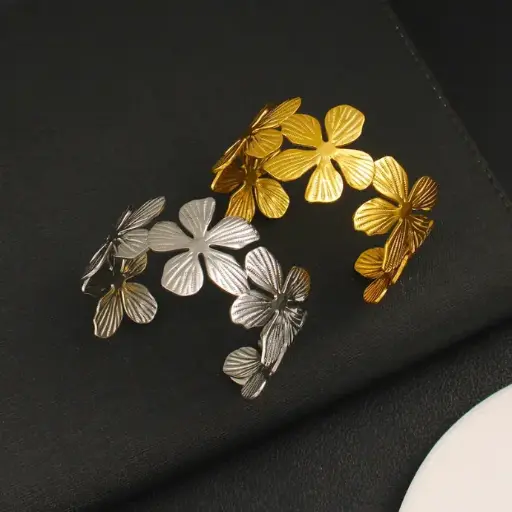 Gold & Silver Floral Bracelet 🌼✨ | Dual Tone Open Cuff Bangle