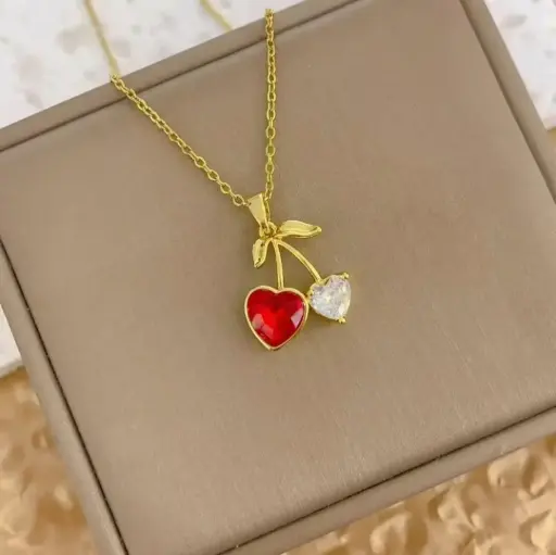Cherry Heart Necklace 🍒❤️💎 | Gold-Plated Cute Pendant