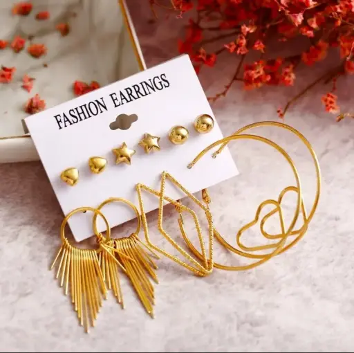 Trendy Gold Earrings Set 💛🌟 | 6-in-1 Stylish Hoops & Studs Collection