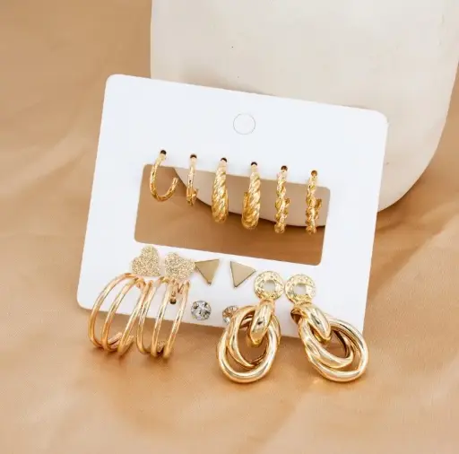 Trendy Gold Earrings Set 💛✨ | 9-in-1 Hoops & Studs Collection