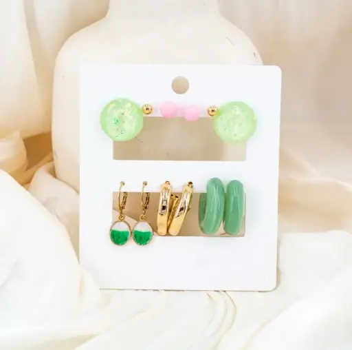 Trendy Green & Gold Earrings Set 💚🌸 | 6-in-1 Stylish Combo