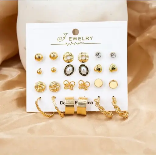 Elegant Gold & Pearl Multi-Design Earring Set 💎🌸 | 12 Pairs Combo