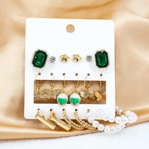 Emerald Green & Gold Multi-Style Earring Set 💚🌟 | 9 Pairs Combo