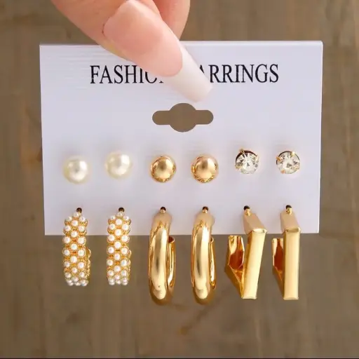 Elegant Gold & Pearl Earring Set 🌟🤍 | 6 Pairs Combo