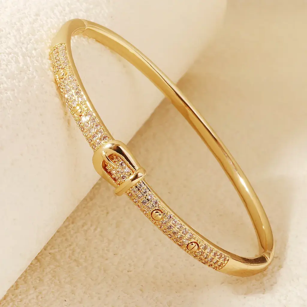 Luxury Gold Plated Belt Buckle Bracelet ⌚✨ | Adjustable Crystal Bangle