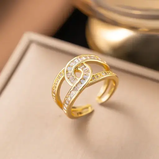 Gold Plated Intertwined Crystal Ring ✨ | Adjustable Designer Statement Ring
