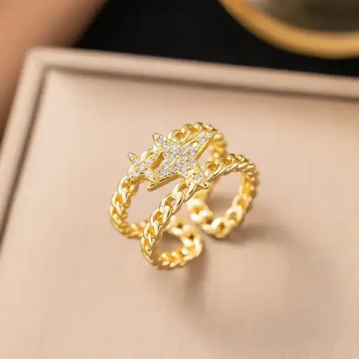 Gold Plated Star Chain Ring ✨ | Adjustable Crystal Star Statement Ring