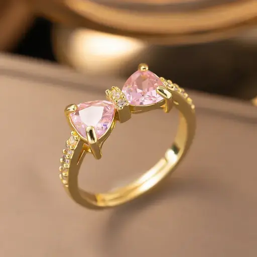 Gold Plated Pink Crystal Bow Ring 🎀 | Adjustable Elegant Statement Ring