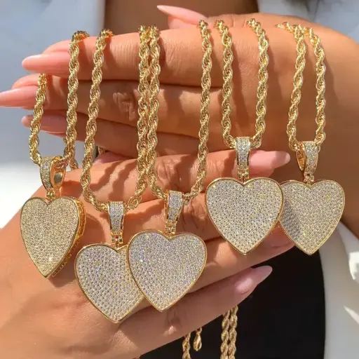 Heart Pendant Necklace with Sparkling Stones – Black & White Variants