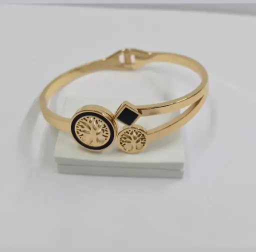 Tree of Life Elegance Bracelet 🌳✨ | Gold-Plated Bangle with Black Enamel Detail
