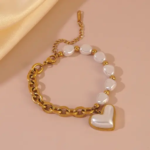 Pearl Heart Charm Bracelet – 18K Gold Plated
