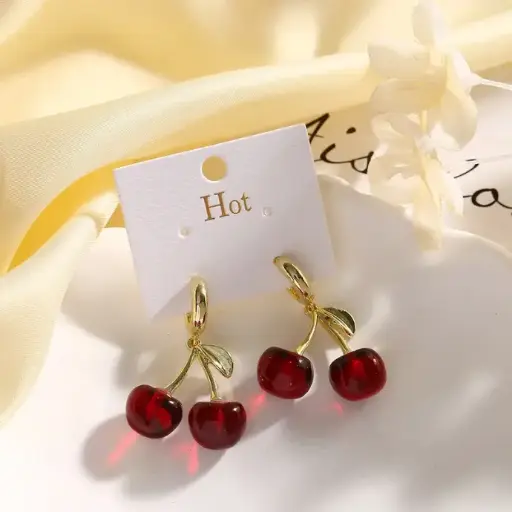 Golden Red Cherry Drop Earrings