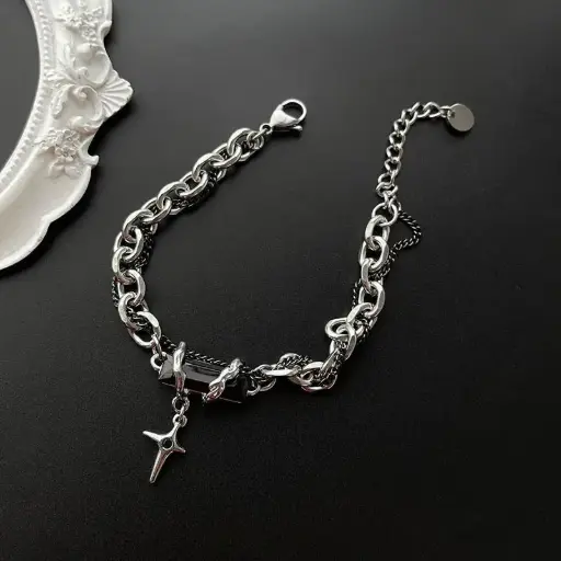 Chunky Chain Bracelet with Cross Charm ⚡🖤