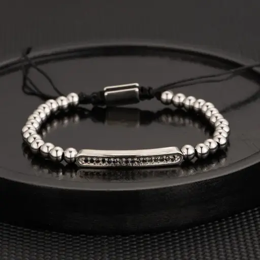 Men's Beaded Bar Bracelet with Black Zirconia