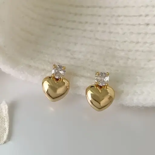 Golden Heart Stud Earrings with Crystal Accent 💖✨