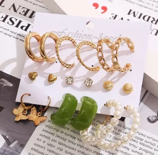9-Pair Earrings Set – Hoops, Studs & Statement Styles✨