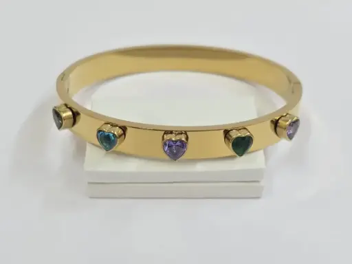 18K Gold Plated Bracelet with Multi-Colored Heart Gemstones – Anti-Tarnish 💛💚💜💙