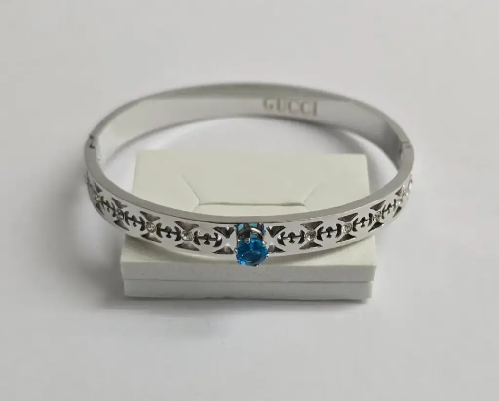 Gucci-Inspired Silver Bracelet – Blue Stone & Crystal Detailing (Anti-Tarnish)